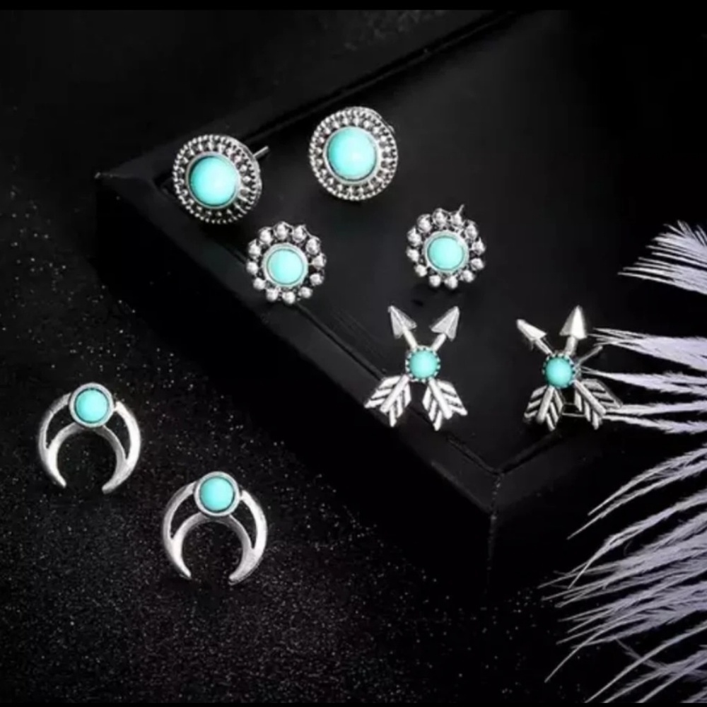 NEW 4 Pair of Silver & Turquoise Hypoallergenic Stud Earrings - Picture 2 of 7